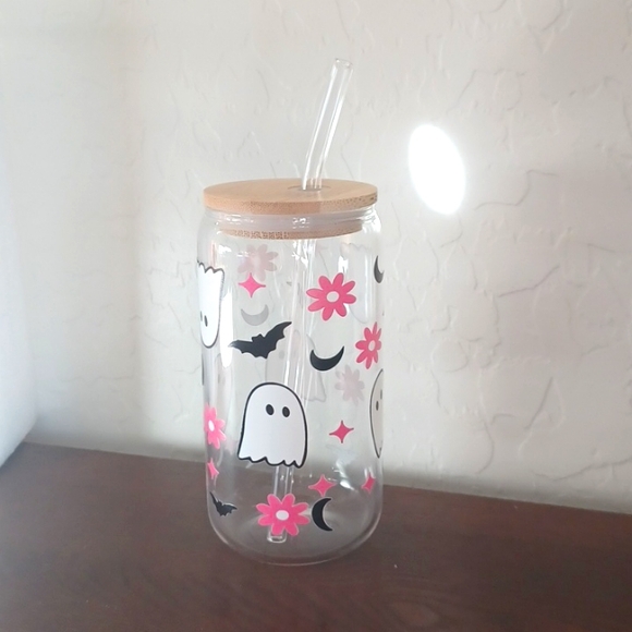 NWT Halloween Ghost Drinking Glass with Bamboo Lid and Straw 16.9 oz - Picture 4 of 4